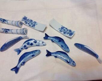 Vintage Koi Fish Knife / Chopstick Holders Blue & White Plus Four