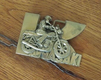 Vintage Brass Belt Buckle Kawasaki Motorcycles 70's