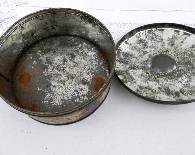 Round Vintage French Metal Cookie Tin with Floral Pattern and Handle on the Lid, Shabby, Romantic, Retro, Decor, Country, Box, 1950, 1960