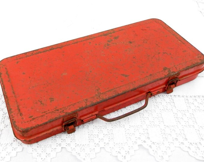 Vintage French Red Metal Tool Kit Box Rusty Distressed Patina, Retro, Garage, Decor, Home, Interior, Brocante, Industrial, Upycle, Prop