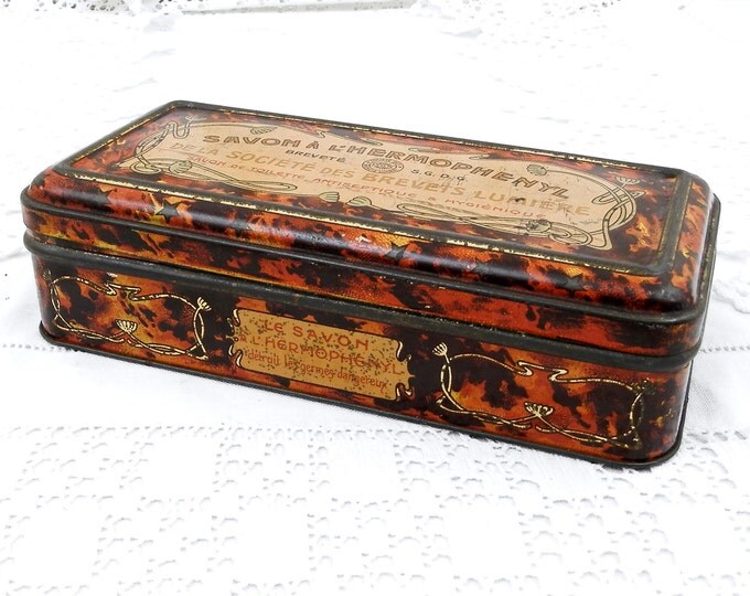 Antique French Lithographed Art Nouveau Antiseptique Soap Tin Box Gold Lettering, Apothecary, French Country Decor, Brocante, Retro, Decor Antique French Lithographed Art Nouveau Antiseptique Soap Tin Box Gold Lettering, Apothecary, French Country Decor, Brocante, Retro, Decor