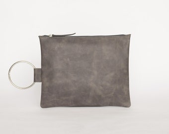 Distressed Gray Leather Clutch, Leather Wristlet Clutch, Gray Handmade Purse, Small Leather Purse, Gray Clutch Bag, Wristlet Evening Bag