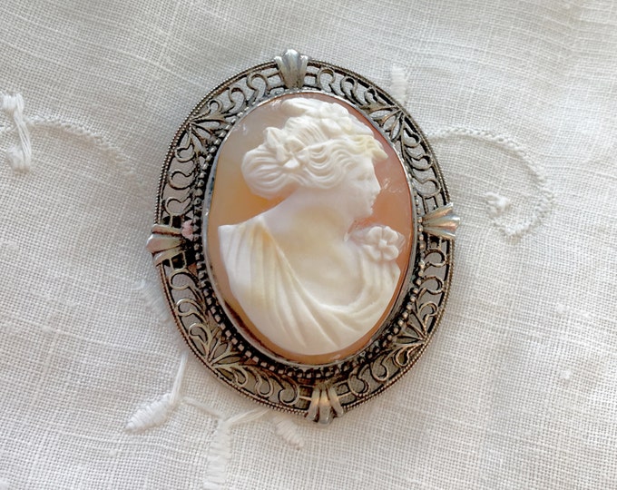 Sterling Filigree Cameo Brooch, Cannetille Sterling Silver Setting, Carved Shell Cameo Pin, Cameo jewelry