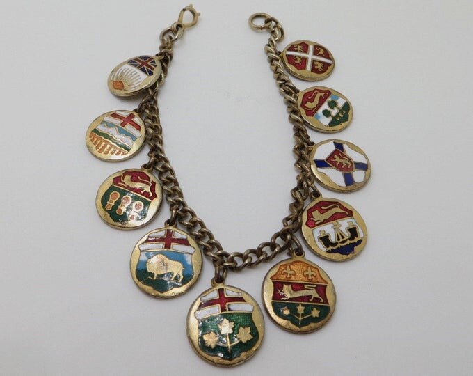 Vintage Enamel Charm Bracelet, Canadian Provinces, Ten Regions Canada, Vintage Souvenir Charms