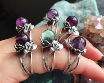 Crystal Ball Ring, Fluorite Ring, Flower Ring, Fluorite Sphere, Silver Ring, Adjustable Ring, Gift for Her, Crystal Ring, Boho Ring