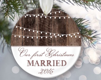 Our First Christmas Married Ornament Personalized Christmas Ornament Hanging lights Rustic wood Wedding Gift Bridal Shower Gift OR369