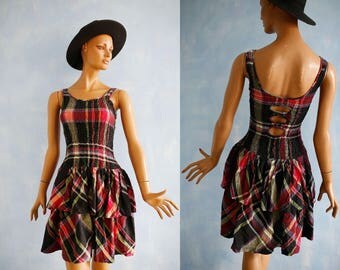 80s/90s vintage Rene Derhy cotton dress/ multicolor tartan plaid print sleeveless mini dress / 90s vintage cotton frill dress/XS/S