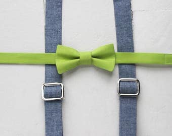 Little Boys Suspenders Green Bow Tie and suspenders Set Blue Toddler Suspenders Chambray Baby Suspenders Blue Suspenders Easter Suspenders