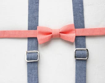 Little Boys Suspenders Peach Bow Tie Set Blue Chambray Toddler Suspenders Blue Baby Suspenders Blue Suspenders Easter Suspenders Set