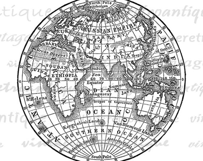 Printable Globe Digital Image Antique Earth Globe Map Image Clipart Vintage Eastern Hemisphere Graphic Art Jpg Png Eps HQ 300dpi No.3572