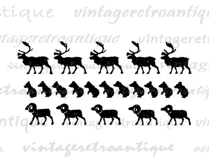 Printable Digital Animals Pattern with Deer Bears and Rams Download Graphic Image Antique Clip Art Jpg Png Eps HQ 300dpi No.848