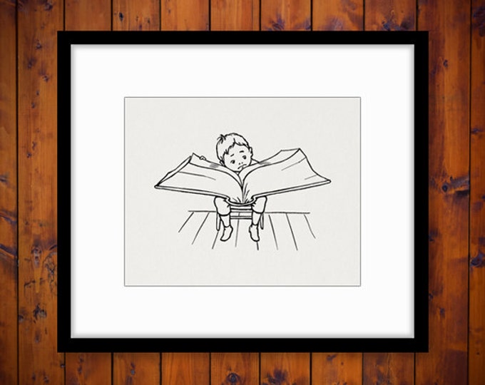 Small Boy Reading Big Book Image Graphic Digital Printable Download Vintage Clip Art Jpg Png Eps HQ 300dpi No.3227