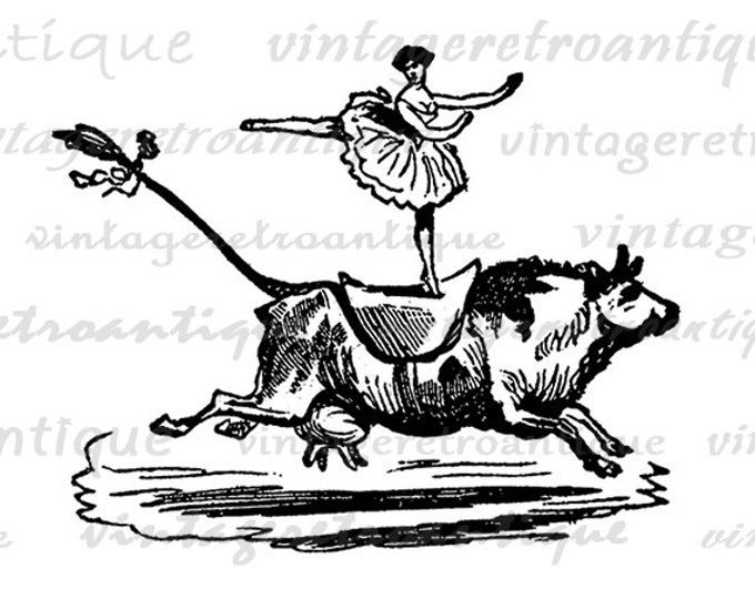 Printable Image Ballerina on Cow Circus Graphic Digital Download Antique Clip Art Jpg Png Eps HQ 300dpi No.2105