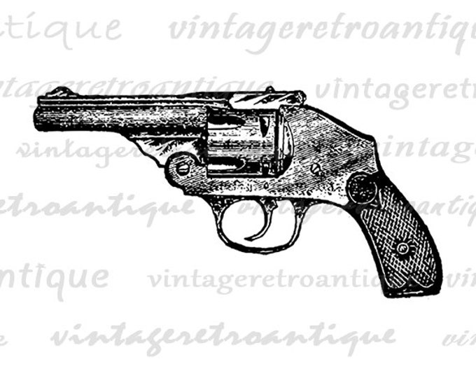 Digital Antique Revolver Graphic Printable Pistol Gun Illustration Image Download Vintage Clip Art Jpg Png Eps HQ 300dpi No.1610