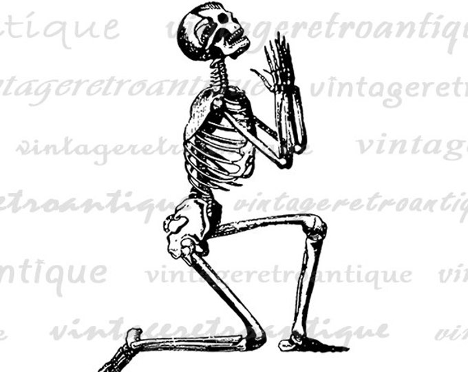 Digital Praying Skeleton Image Graphic Printable Illustration Download Antique Clip Art Jpg Png Eps HQ 300dpi No.3618