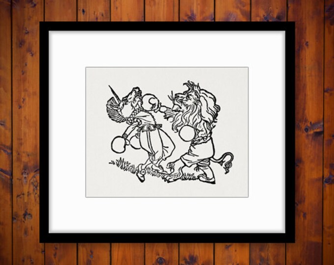 Digital Image Unicorn and Lion Boxing Alice in Wonderland Graphic Printable Download Vintage Clip Art Jpg Png Eps HQ 300dpi No.2544