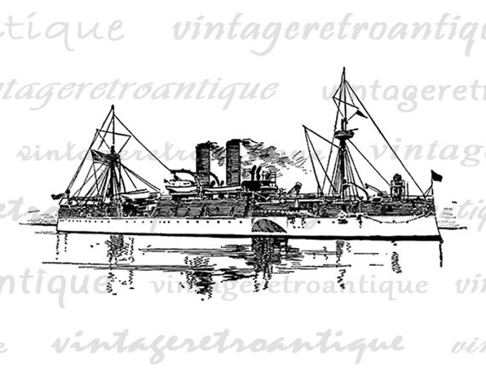 Printable Digital Antique Battleship Graphic Ocean Ship Boat Download Image Vintage Clip Art for Transfers Printing etc HQ 300dpi No.2763