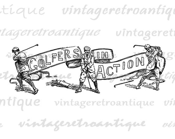 Digital Printable Golfers in Action Graphic Golf Image Golfing Download Vintage Clip Art Jpg Png Eps HQ 300dpi No.4278