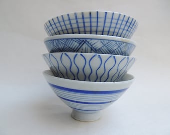 Vintage Blue & White Porcelain Rice Bowls Set of 4