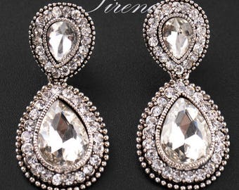 PAIR Luxury Austrian CZ Big Crystal Vintage Silver Dangle Drop Chandelier Earrings gauges plugs Wedding Prom Formal