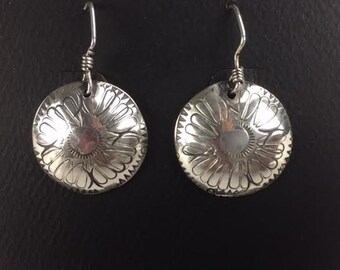 Sterling Silver Stamped Flower Native Inspired Dangle Earrings