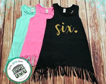 Six Year Old | Fringe Dress | Fringe Tank | 6th Birthday | Youth | Birthday Dress | Girl Fringe | Glitter | Sixth Birthday | Toddler Girl