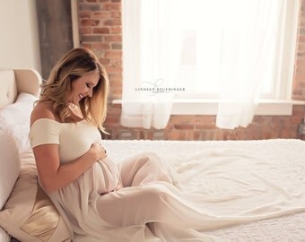Cameron Gown • Off the Shoulder Gown • Cap Sleeve Pregnancy Dress • Sheer Chiffon Maternity Gown