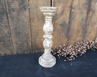 Distressed Creamy White Wood Pillar Candle Holder Stick - Home Decor - Urban Farmhouse Modern Vintage ~ French Country ~ Cottage ~ Wedding