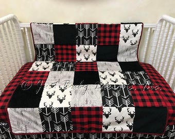 Patchwork Baby Blanket - Black Deer, Black Arrows, Red Buffalo Plaid, Black Minky Dot
