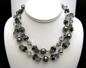 Vintage Vendome Bead Necklace Grey Black Art Glass Faux Pearl Rhinestones
