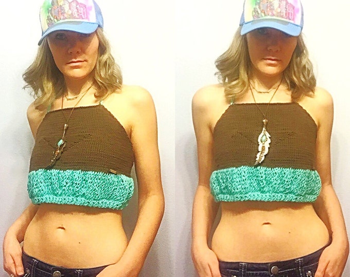 Festival Crop Halter Top with Ruffle, Coachella Cropped Bikini in Brown and Aqua Blue, Boho Frilly Tie Tank Top, Teal and Cocoa Fashion