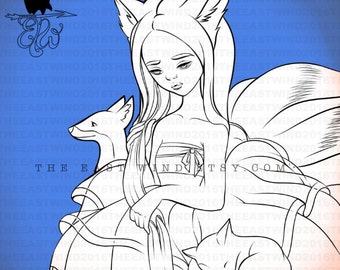 Digital stamp- Gumiho - Nine tailed fox - 300 dpi 2 JPEG/PNG files - MAC0360