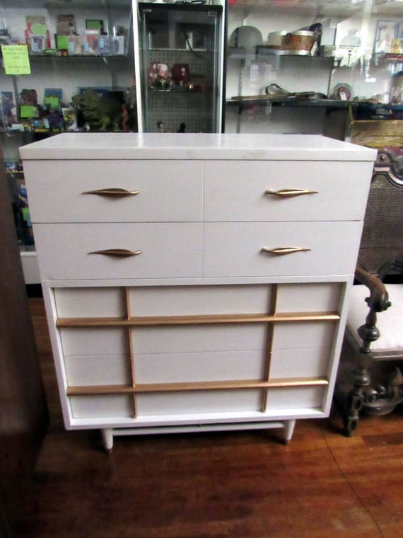 Mid Century Modern White and Gold Dresser