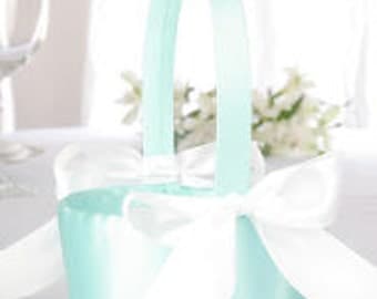 Aqua Satin with White Bow Accents Wedding Flower Girl Basket