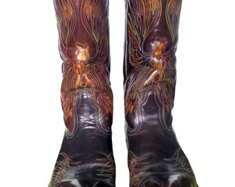 ACME Cowboy Boots Women's Size 7 UK Oxblood Leather Boots Classic Western Boots w/ Phoenix Bird and Rainbow Embroidery, Country Dress Boots