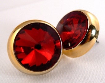 Red Rivoli Rhinestone Post Earrings, Bold Red Hollywood Sparkle Earrings, Gold Vintage Post Earrings, Party Red Earring Studs (E140)