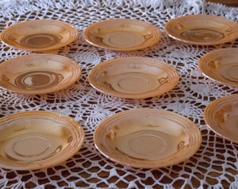 Set of 10 - 3 BANDS Saucers by Anchor Hocking PEACH LUSTRE in the Fire King Oven Ware Line