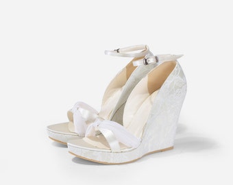 Bella Bells 5 Inches Custom Made Lace Wedding Shoes, 5 Inch Platform Wedge with Lace Overlay, Bridal Shoes, Beach Wedding Shoes