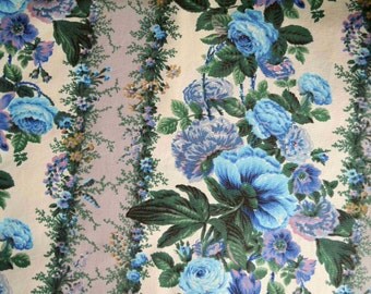 Antique French blue floral upholstery fabric Boussac Romanex, blue cottage chic fabric