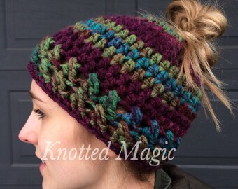 Textured Messy Bun Hat Pattern, Crochet PDF, Ponytail Hat Pattern