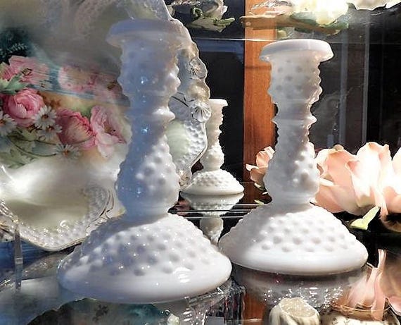 Vintage Fenton White Milk Glass Hobnail Candlesticks Candle Holders Pair 1970s 70s Retro Country Cottage Farmhouse Home Decor Wedding Gift