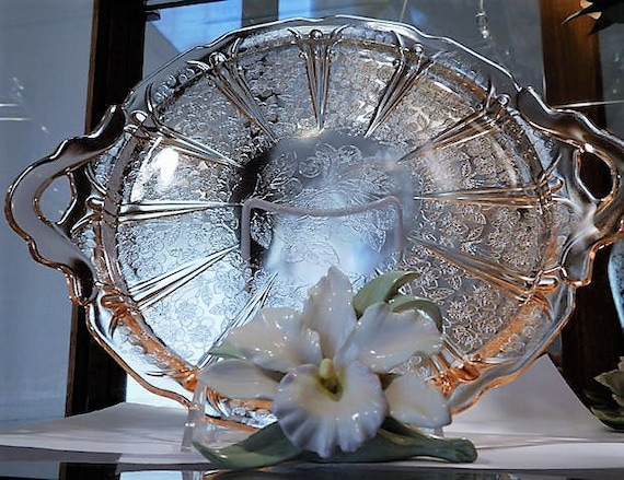 Cherry Blossom 13" Platter Depression Glass 1930s Art Deco Cottage Home Decor Country Farmhouse Wedding Shower Mom Cake Plate Serving Tray