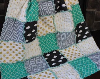 Baby Rag Quilt,Gender Neutral,Baby Quilt, Clouds, Mint And Grey Nursery, Gold And Mint, Gold Arrow Quilt, Mint Green Blanket,Ready To Ship
