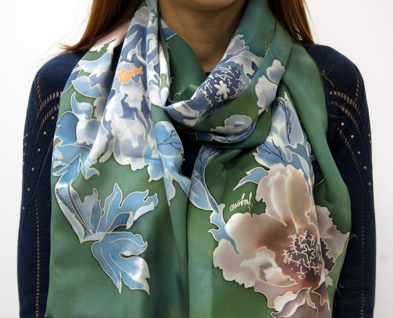 scarf Peony in green. Hand painted silk scarf green blue