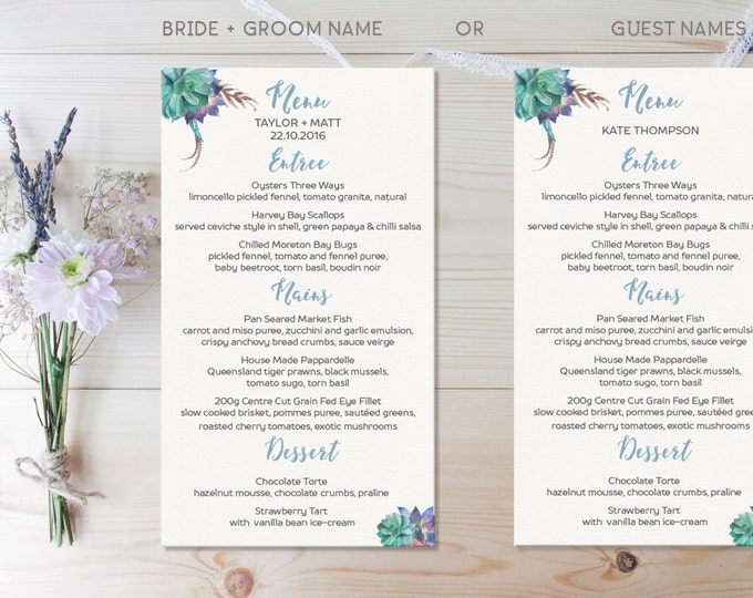 Wedding Table Menu Boho Succulent Design // Wedding Menu and place names // Floral Wedding Menu // Boho wedding menu // DIY Printable Menu