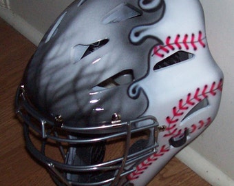 Airbrush Gray Flaming Baseball Catchers Helmet Rawlings adult or youth catchers mask new