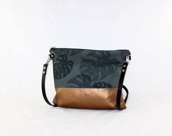 Monstera copper Crossdiv bag with leather handles