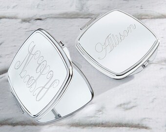Personalized Compact Mirror, Engraved Compact Mirrors, Silver Compact Mirror Favors, Bridal Shower Favors, Bridesmaid Gifts (18128SV-EG)