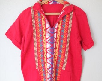 vintage bohemian red embroidered tunic top with pockets