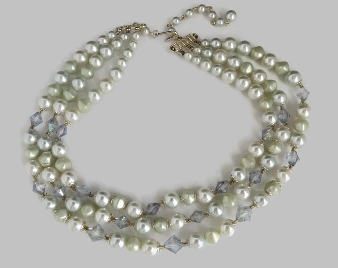 Japan Faux Pearl Necklace, Vintage Triple Strand Necklace, Faux Pearl & Faceted Beads Necklace